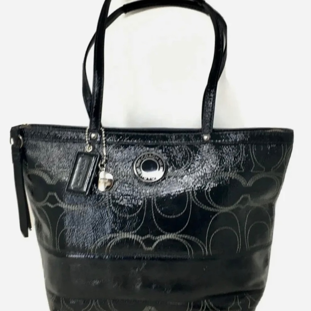 Coach Signature Stitch Tote Black Patent Leather Carryall 19198 Tote Bag Purse